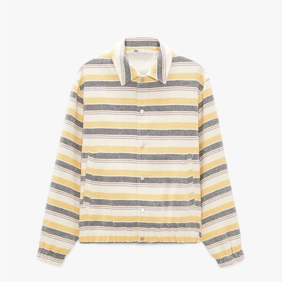 Zara Men’s Striped Beige Yellow Multicolored Structured Button Up Jacket Sz XL - Picture 7 of 15